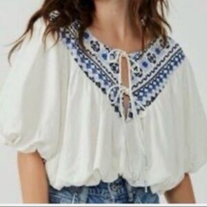 Free People Ivory Blouse with Navy Embroidery